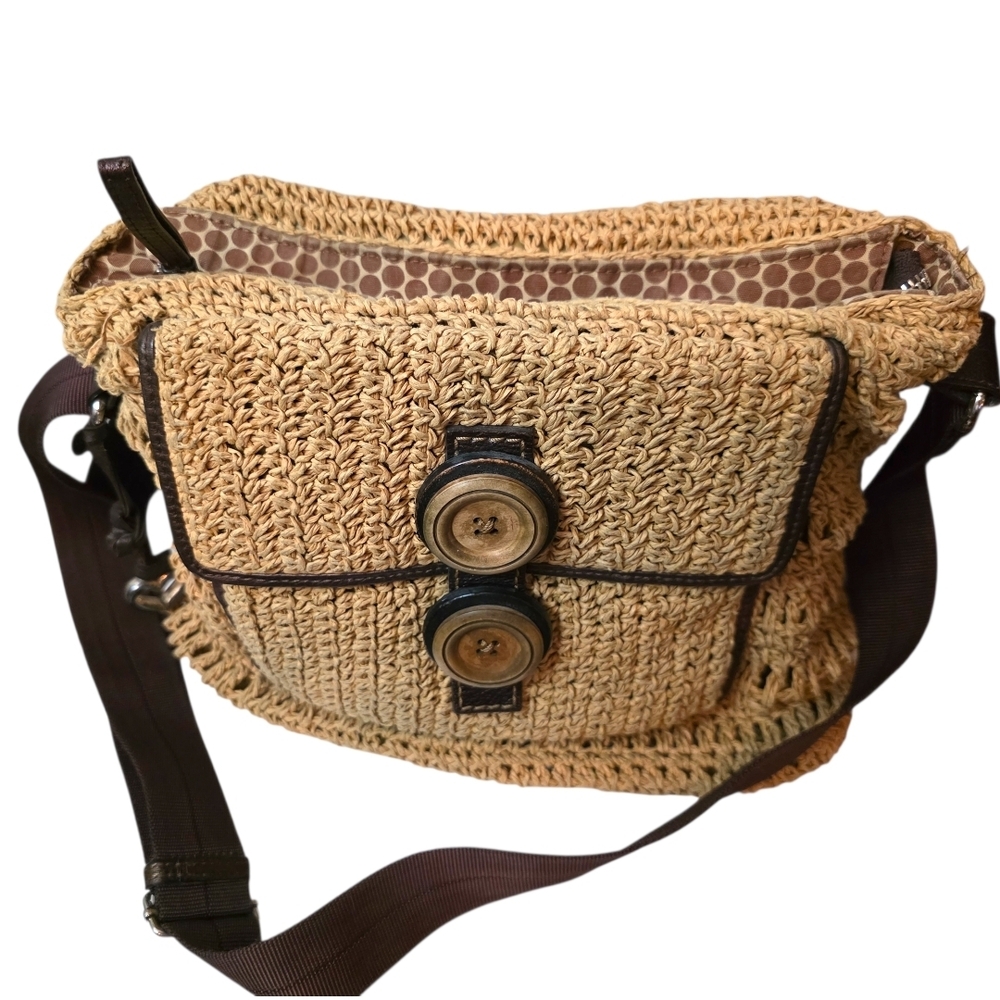 RARE Brighton Raffia Straw Crossbody Bag Boho Luxe Leather Heart Embossed Vintag - Picture 2 of 16
